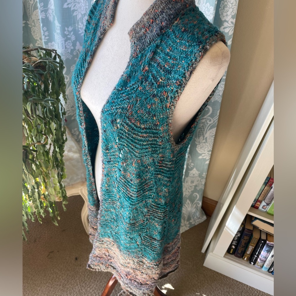 Coldwater Creek blue boho knit long accent vest
